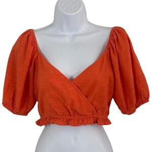 NWOT Lush Papaya Orange Smocked Back Puff Sleeve Surplice Crop Top Small Peasant